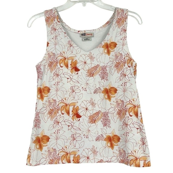 Vintage Y2K Faded Glory Floral Tank Top White Orange Built In Bra Stretch Size M - Picture 1 of 9